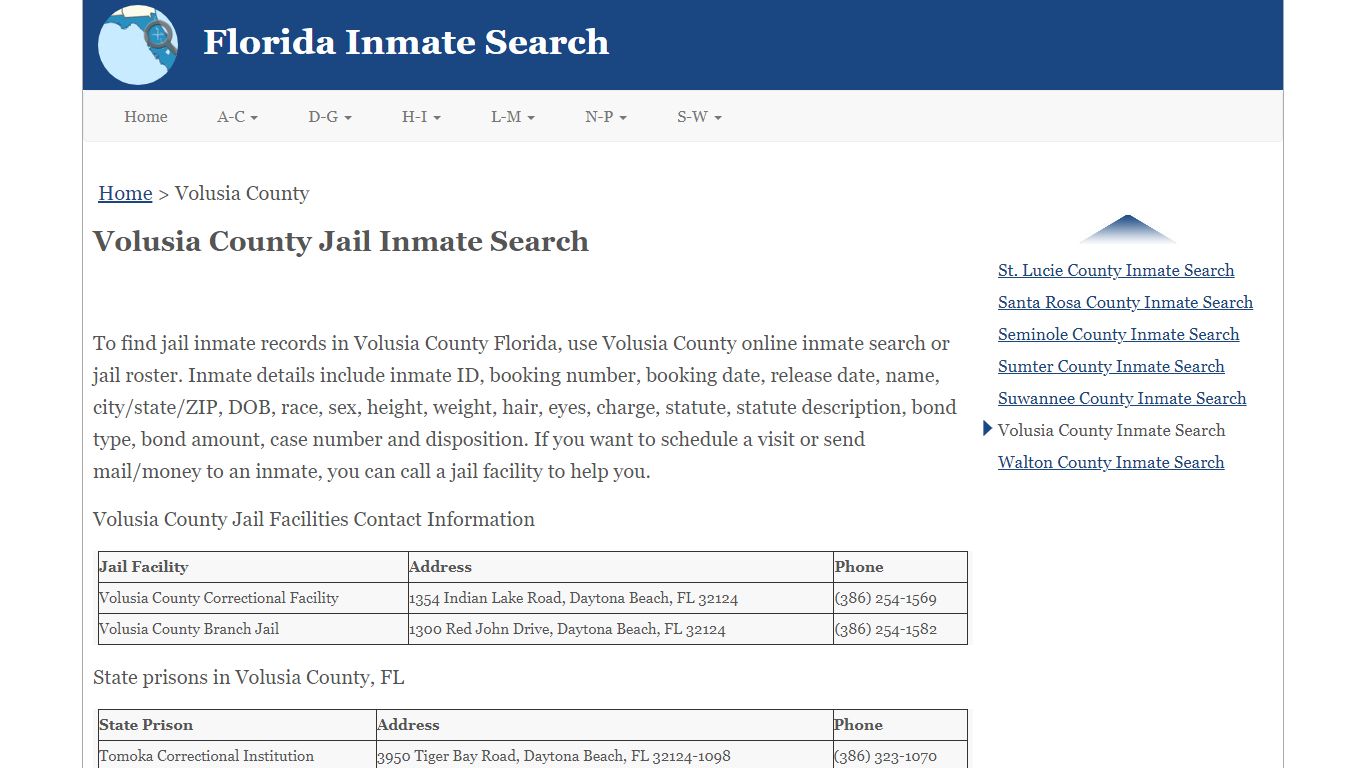 Volusia County FL Jail Inmate Search